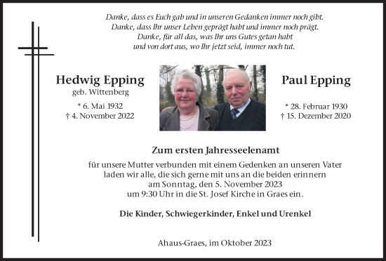 Traueranzeige von Hedwig und Paul Epping von Münstersche Zeitung und Münsterland Zeitung