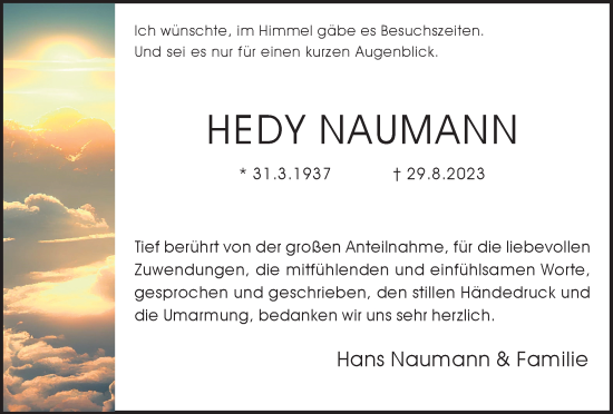 Traueranzeige von Hedy Naumann von Medienhaus Bauer