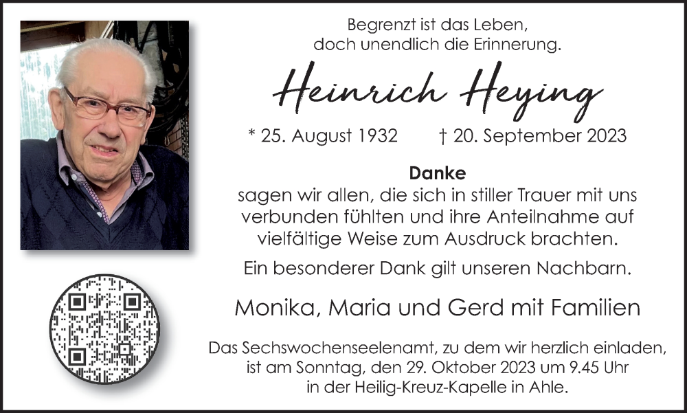  Traueranzeige für Heinrich Heying vom 26.10.2023 aus Münstersche Zeitung und Münsterland Zeitung