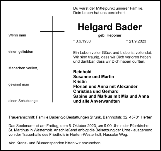Traueranzeige von Helgard Bader von Medienhaus Bauer