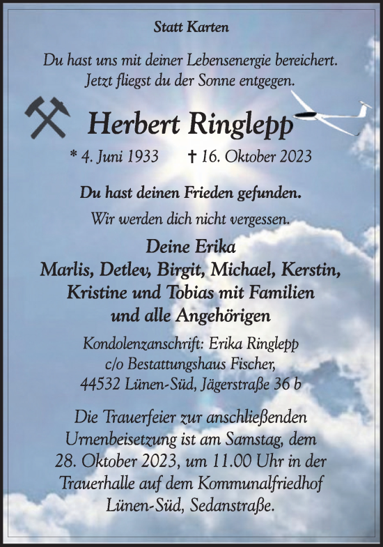 Traueranzeige von Herbert Ringlepp von Ruhr Nachrichten