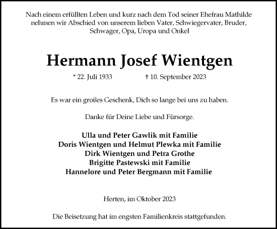 Traueranzeige von Hermann Josef Wientgen von Medienhaus Bauer