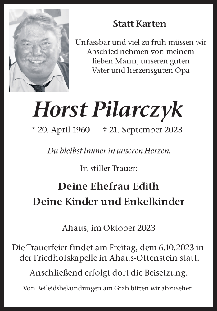  Traueranzeige für Horst Pilarczyk vom 02.10.2023 aus Münstersche Zeitung und Münsterland Zeitung