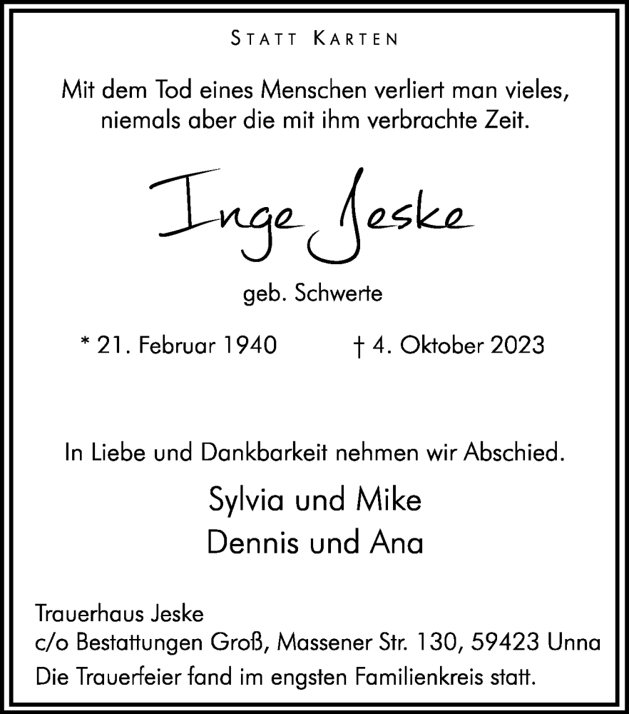  Traueranzeige für Inge Jeske vom 14.10.2023 aus Hellweger Anzeiger