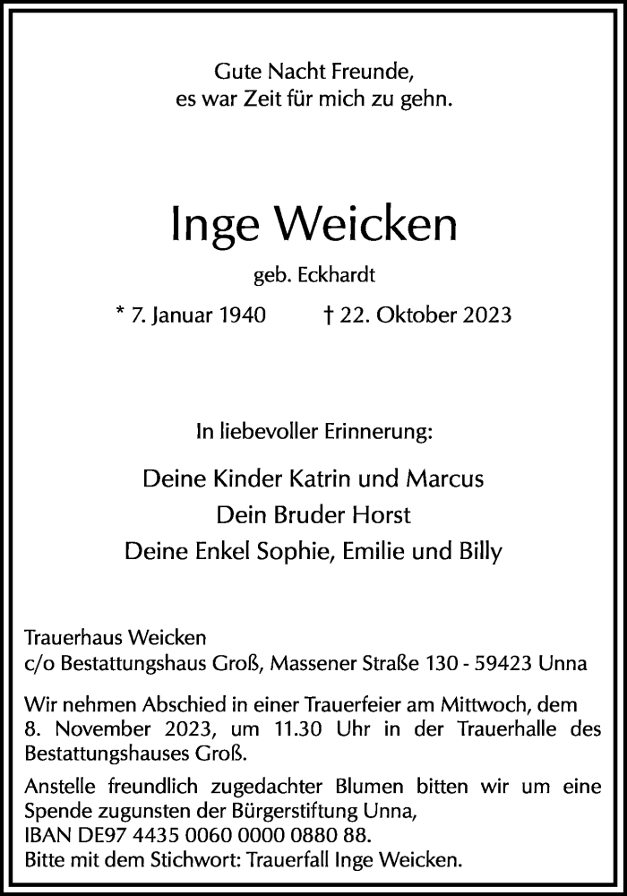  Traueranzeige für Inge Weicken vom 28.10.2023 aus Hellweger Anzeiger