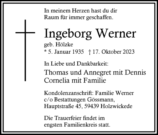 Traueranzeige von Ingeborg Werner von Hellweger Anzeiger
