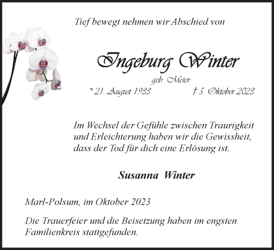 Traueranzeige von Ingeburg Winter von Medienhaus Bauer