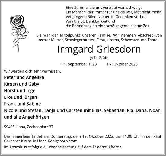 Traueranzeige von Irmgard Griesdorn von Hellweger Anzeiger