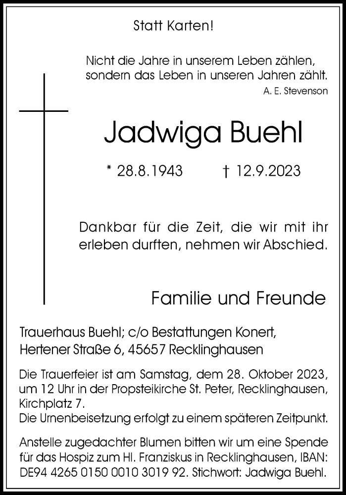  Traueranzeige für Jadwiga Buehl vom 21.10.2023 aus Medienhaus Bauer