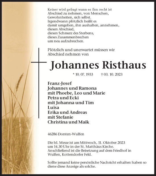 Traueranzeige von Johannes Risthaus von Ruhr Nachrichten und Dorstener Zeitung