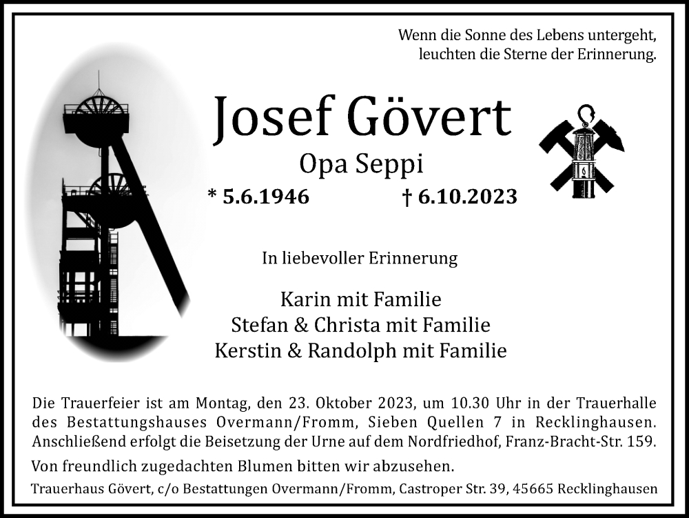  Traueranzeige für Josef Gövert vom 14.10.2023 aus Medienhaus Bauer