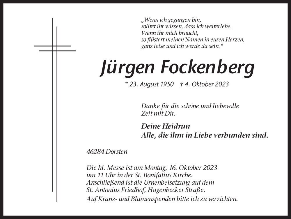  Traueranzeige für Jürgen Fockenberg vom 13.10.2023 aus Ruhr Nachrichten und Dorstener Zeitung