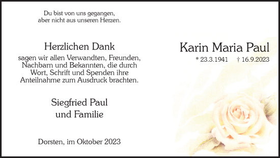 Traueranzeige von Karin Maria Paul von Ruhr Nachrichten und Dorstener Zeitung