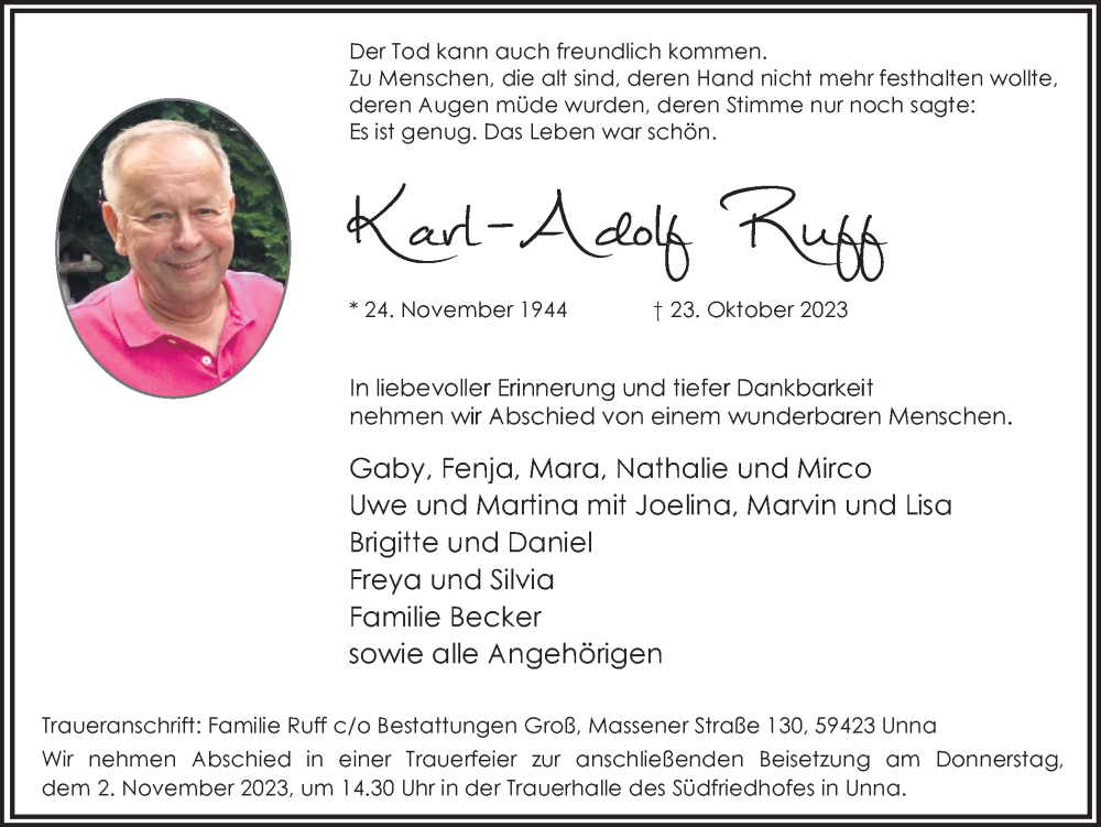  Traueranzeige für Karl-Adolf Ruff vom 28.10.2023 aus Hellweger Anzeiger