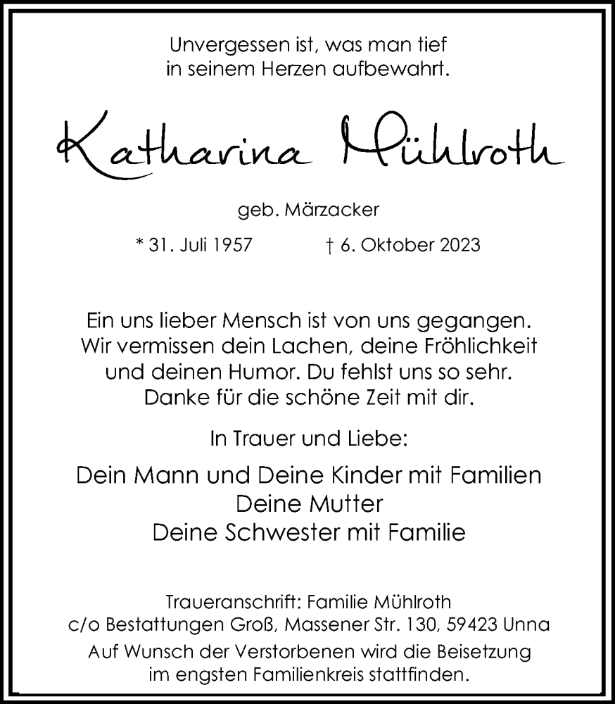  Traueranzeige für Katharina Mühlroth vom 11.10.2023 aus Hellweger Anzeiger