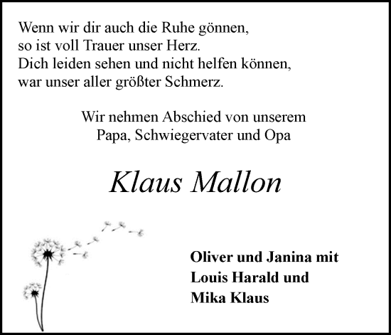 Traueranzeige von Klaus Mallon von Medienhaus Bauer
