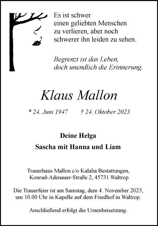 Traueranzeige von Klaus Mallon von Medienhaus Bauer