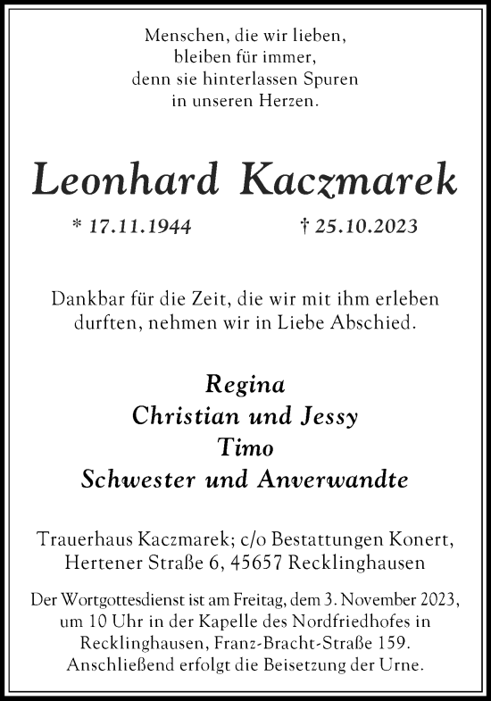 Traueranzeige von Leonhard Kaczmarek von Medienhaus Bauer