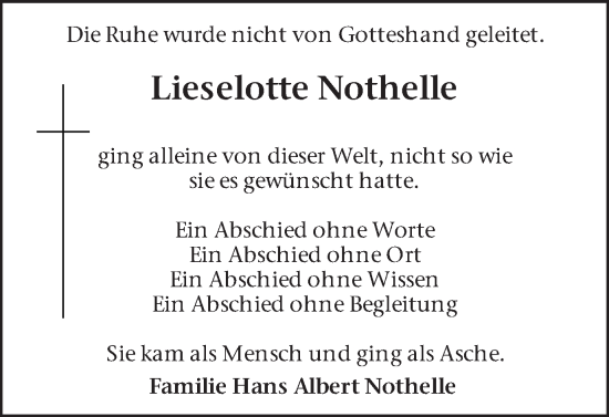 Traueranzeige von Lieselotte Nothelle von Ruhr Nachrichten und Dorstener Zeitung