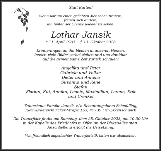 Traueranzeige von Lothar Jansik von Ruhr Nachrichten