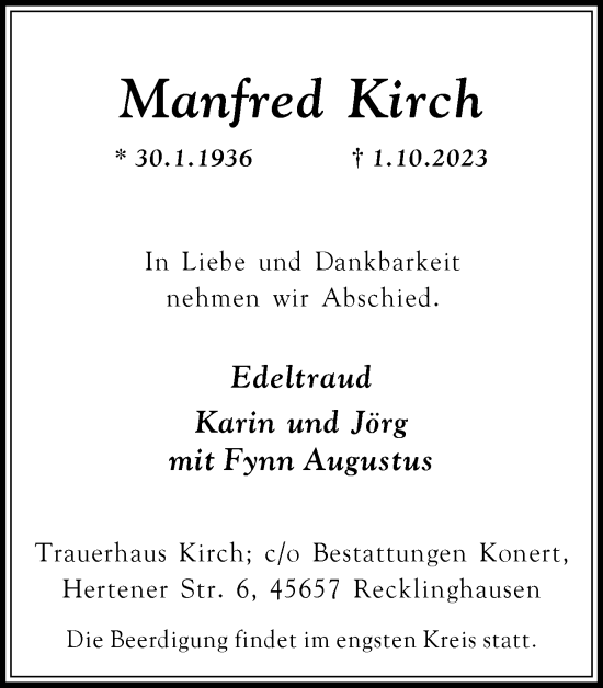 Traueranzeige von Manfred Kirch von Medienhaus Bauer