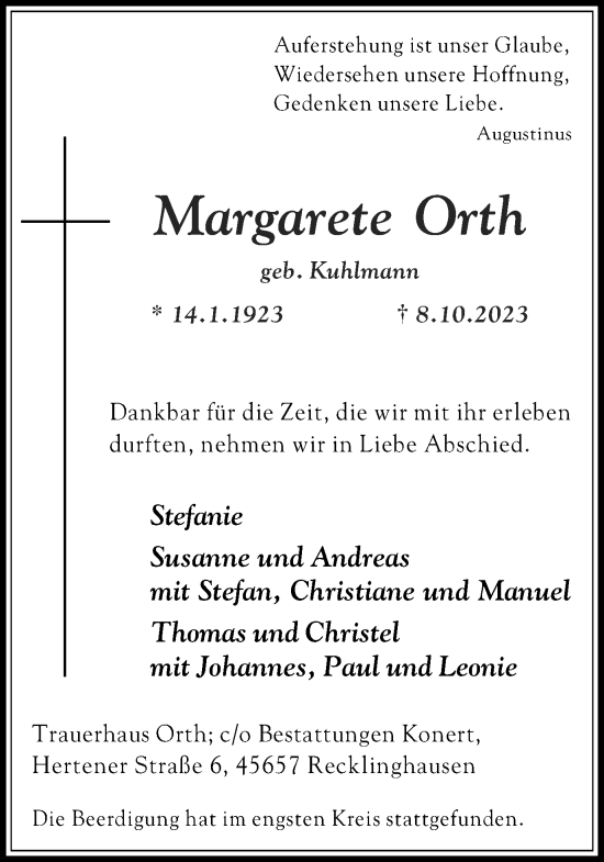 Traueranzeige von Margarete Orth von Medienhaus Bauer