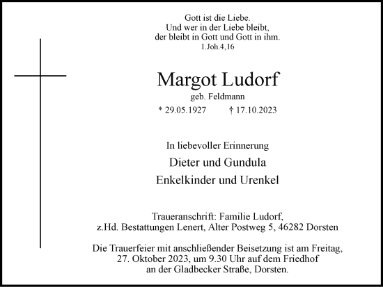 Traueranzeige von Margot Ludorf von Ruhr Nachrichten und Dorstener Zeitung
