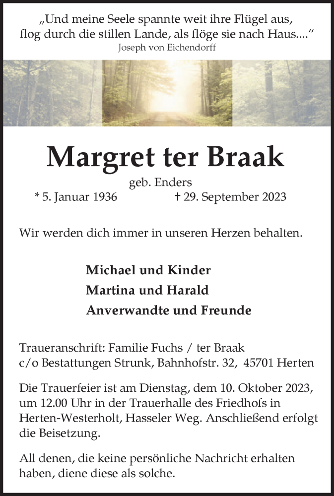  Traueranzeige für Margret ter Braak vom 06.10.2023 aus Medienhaus Bauer