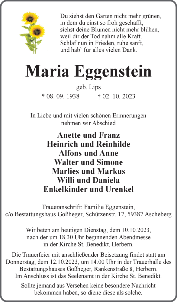  Traueranzeige für Maria Eggenstein vom 10.10.2023 aus Ruhr Nachrichten