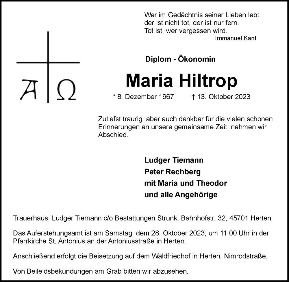  Traueranzeige für Maria Hiltrop vom 25.10.2023 aus Medienhaus Bauer