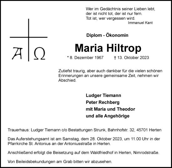 Traueranzeige von Maria Hiltrop von Medienhaus Bauer