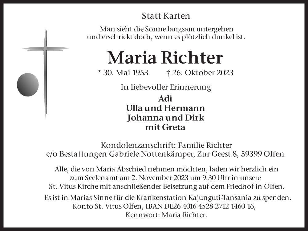  Traueranzeige für Maria Richter vom 30.10.2023 aus Ruhr Nachrichten