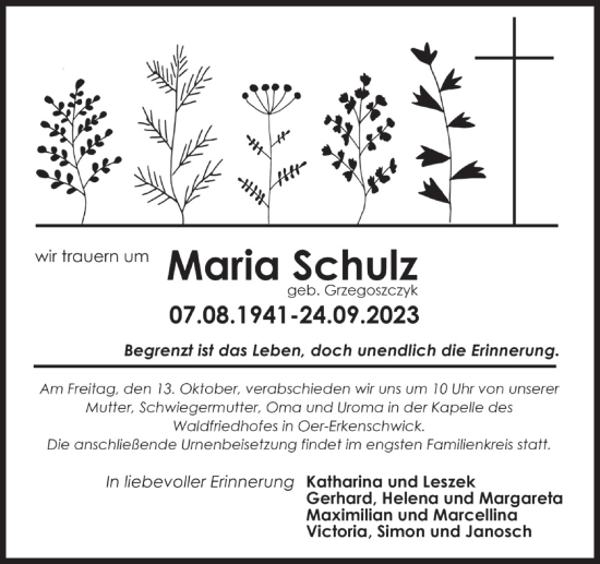 Traueranzeige von Maria Schulz von Medienhaus Bauer