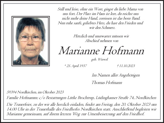 Traueranzeige von Marianne Hofmann von Ruhr Nachrichten
