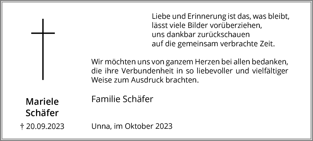  Traueranzeige für Mariele Schäfer vom 21.10.2023 aus Hellweger Anzeiger