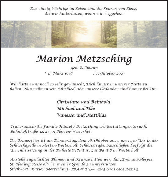 Traueranzeige von Marion Metzsching von Medienhaus Bauer