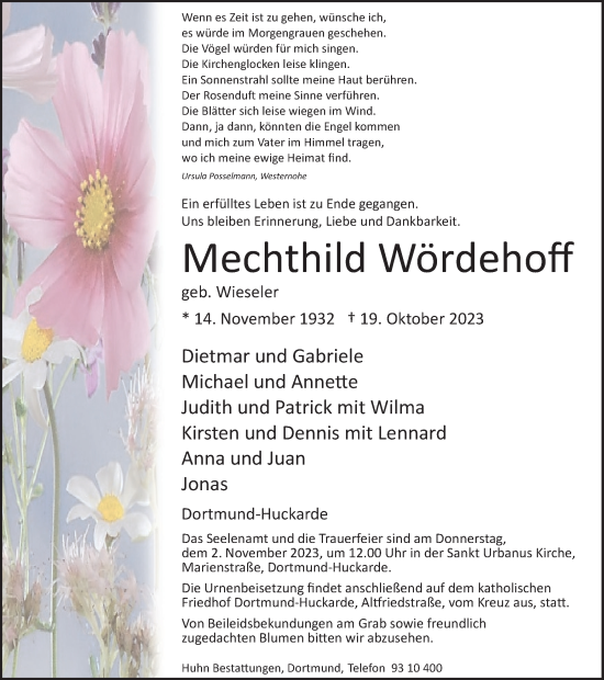 Traueranzeige von Mechthild Wördehoff 