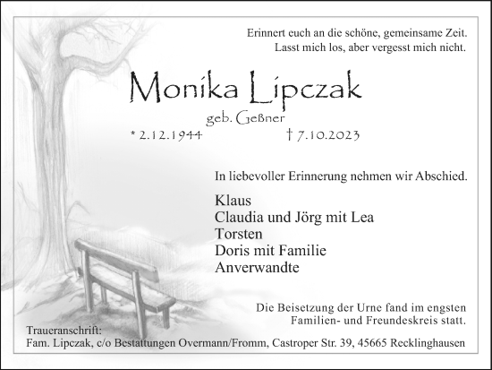 Traueranzeige von Monika Lipczak von Medienhaus Bauer