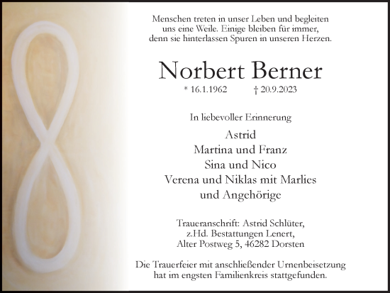 Traueranzeige von Norbert Berner von Ruhr Nachrichten und Dorstener Zeitung