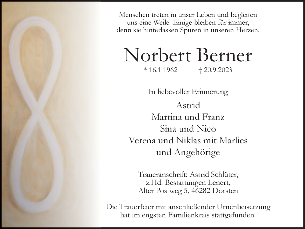  Traueranzeige für Norbert Berner vom 14.10.2023 aus Ruhr Nachrichten und Dorstener Zeitung