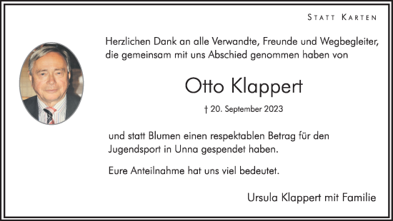 Traueranzeige von Otto Klappert von Hellweger Anzeiger
