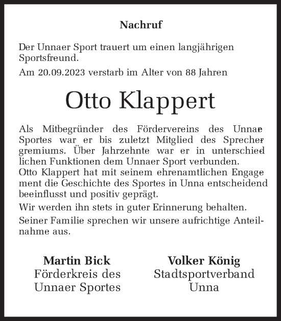 Traueranzeige von Otto Klappert von Hellweger Anzeiger