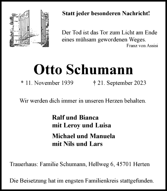 Traueranzeige von Otto Schumann von Medienhaus Bauer
