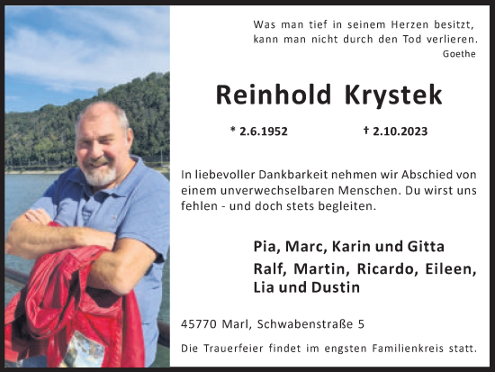 Traueranzeige von Reinhold Krystek von Medienhaus Bauer