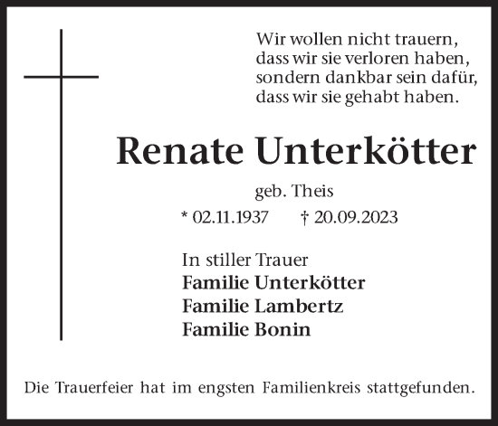 Traueranzeige von Renate Unterkötter 