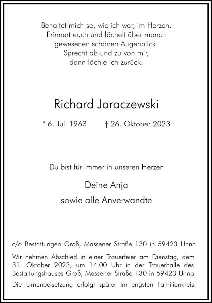  Traueranzeige für Richard Jaraczewski vom 28.10.2023 aus Hellweger Anzeiger