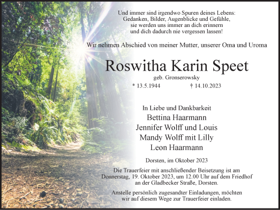 Traueranzeige von Roswitha Karin Speet von Ruhr Nachrichten und Dorstener Zeitung