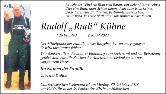 Traueranzeige von Rudolf Kühne von Ruhr Nachrichten