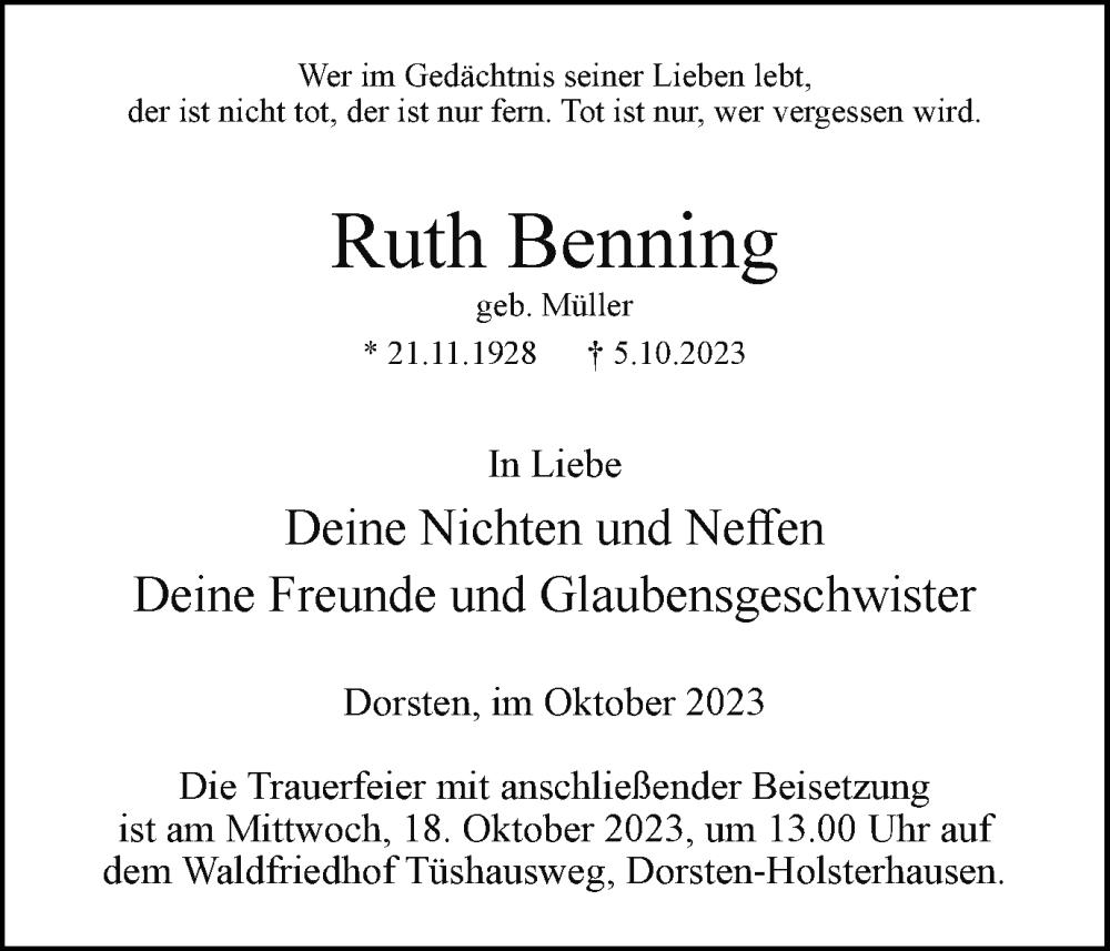  Traueranzeige für Ruth Benning vom 14.10.2023 aus Ruhr Nachrichten und Dorstener Zeitung