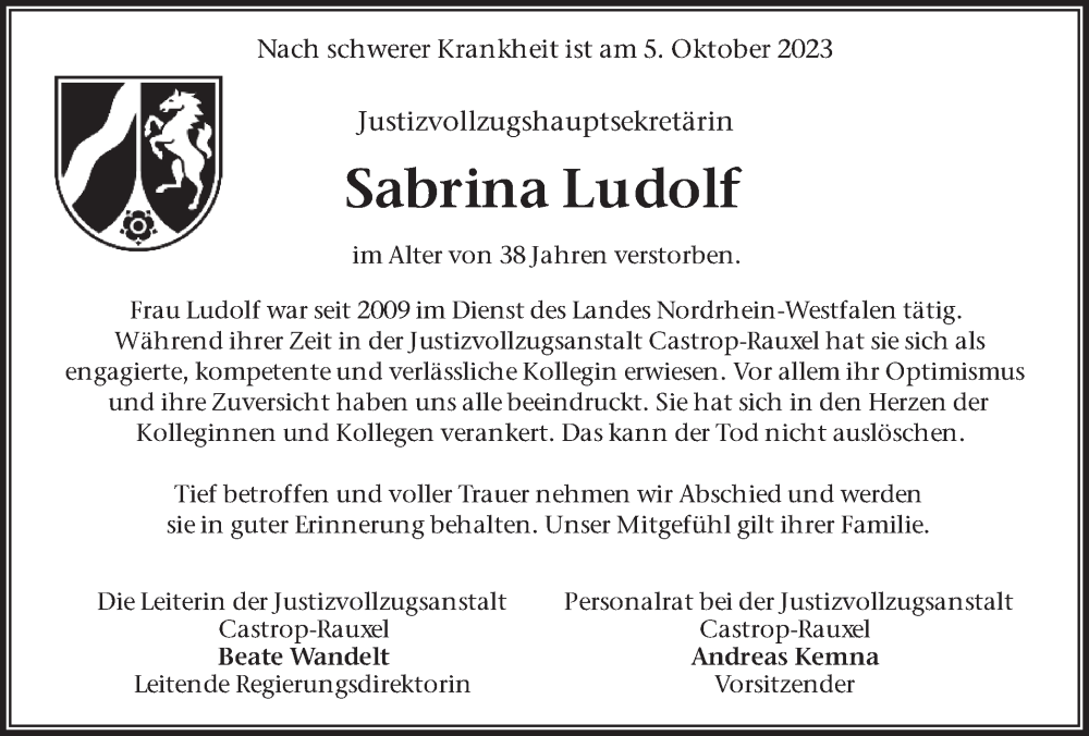  Traueranzeige für Sabrina Ludolf vom 13.10.2023 aus Ruhr Nachrichten